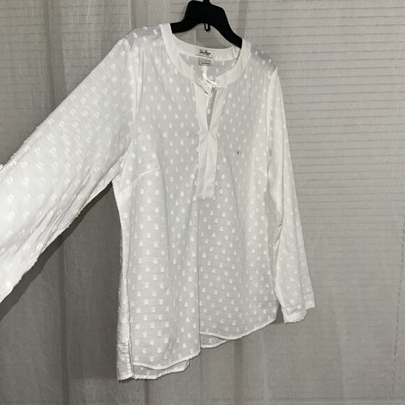 Van Heusen L White Cotton Swiss Dot Long Tab Roll up Sleeve V-Neck Top - Picture 5 of 14